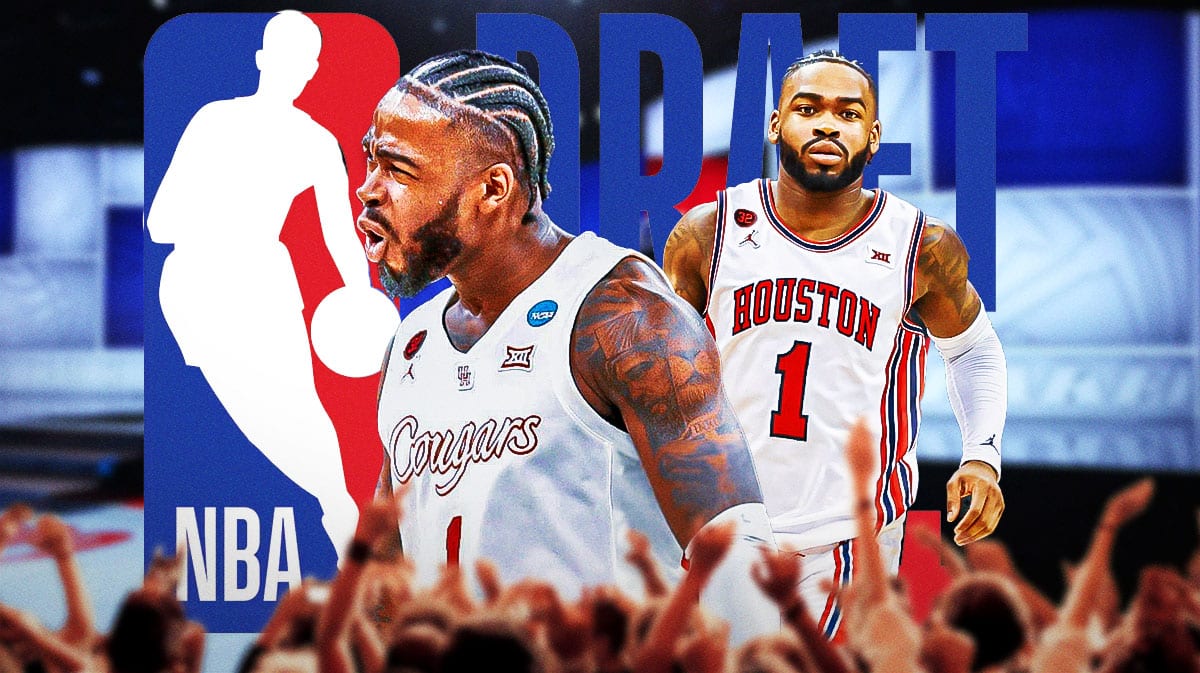 Photo: Jamal Shead in action in Houston basketball jersey, 2024 NBA Draft logo in background