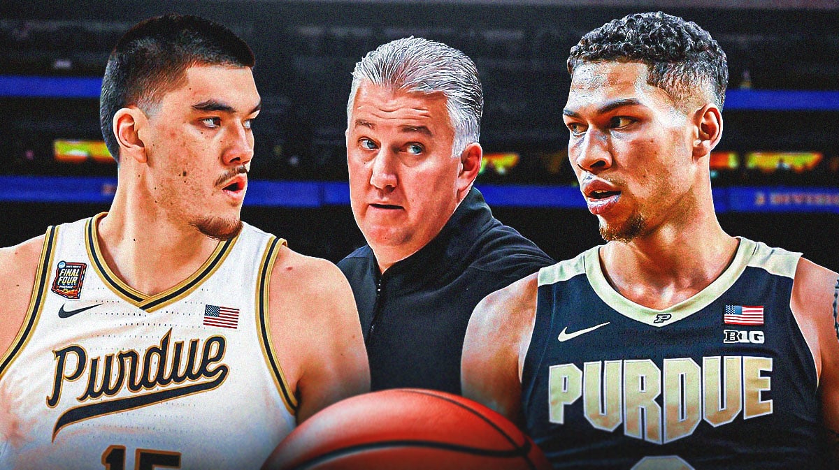 Purdue basketball stars Zach Edey, Mason Gillis, and head coach Matt Painter in front of State Farm Stadium.