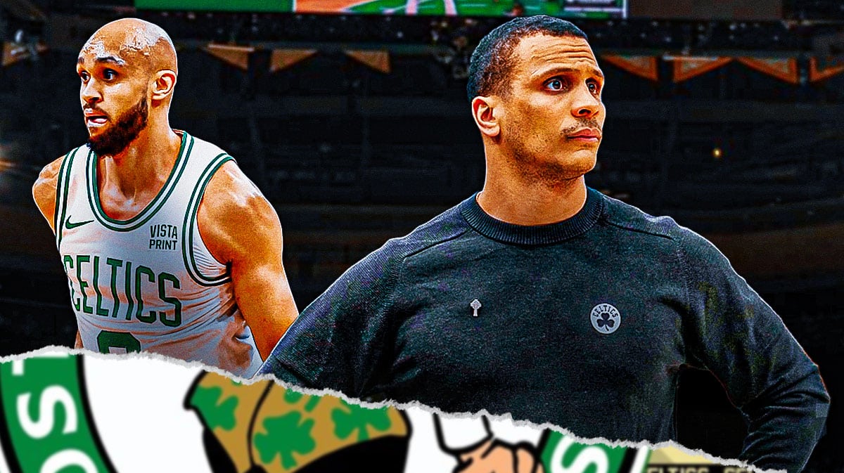 Celtics coach Joe Mazzulla and Derrick White smiling with Celtics court in background