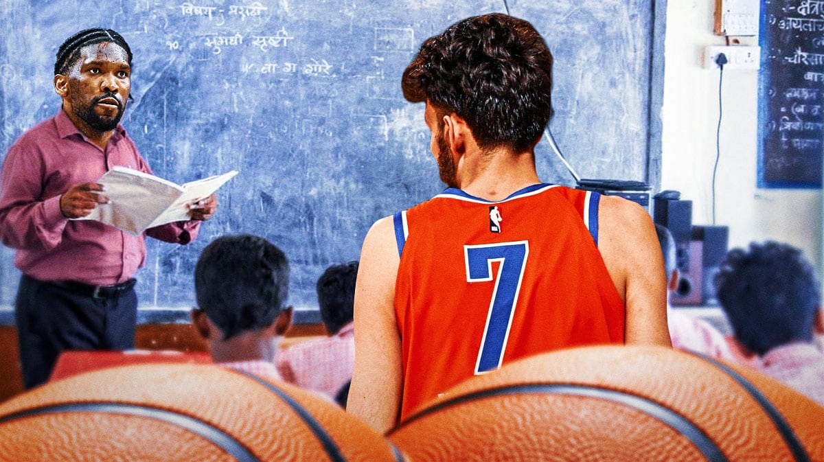 76ers center Joel Embiid teaching Oklahoma City Thunder center Chet Holmgren a lesson
