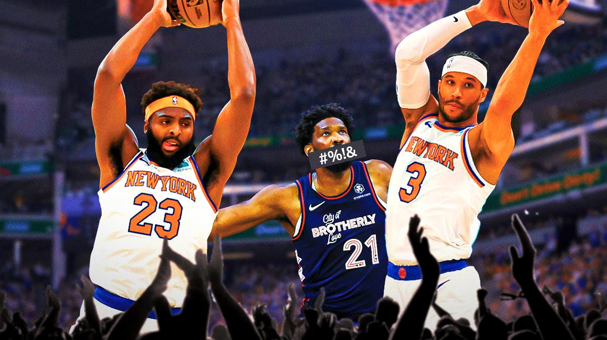 Knicks Josh Hart and Mitchell Robinson grabbing offensive rebounds or boxing out and 76ers' Joel Embiid with an expletive box over his mouth, as if he’s being censored for cursing.
