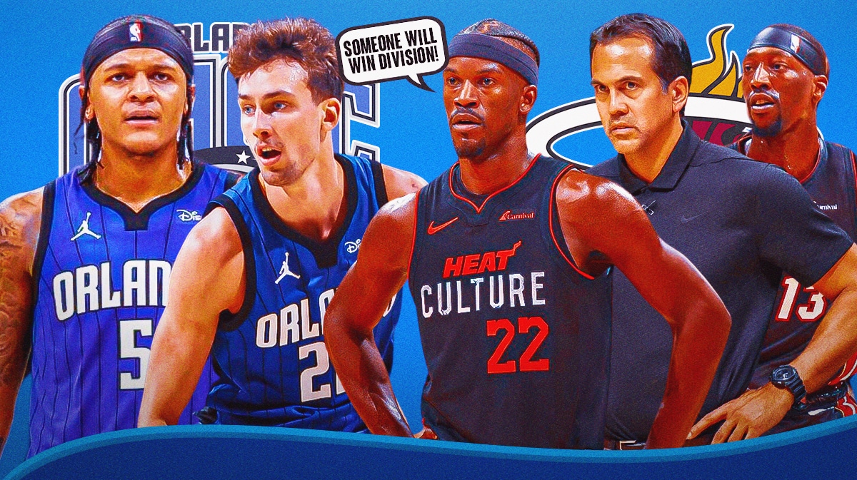 Magic's Paolo Banchero and Franz Wagner next to Heat's Jimmy Butler saying "Someone will win division"