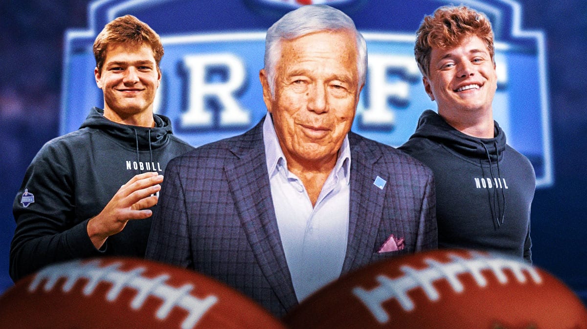 Robert Kraft, Drake Maye, JJ McCarthy. NFL Draft logo
