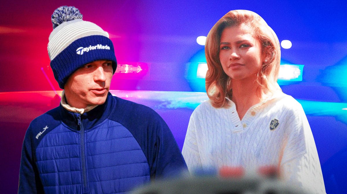 Tom Holland and Zendaya with a police car behind them