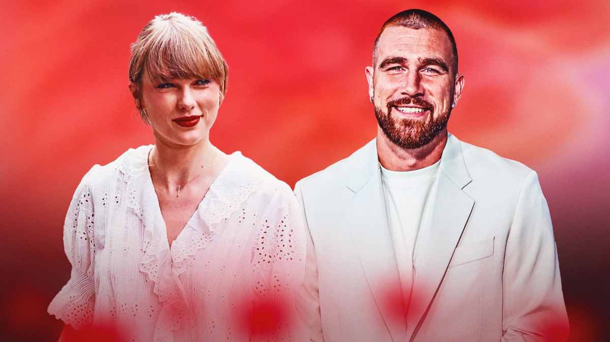 Taylor Swift and Travis Kelce with a red background