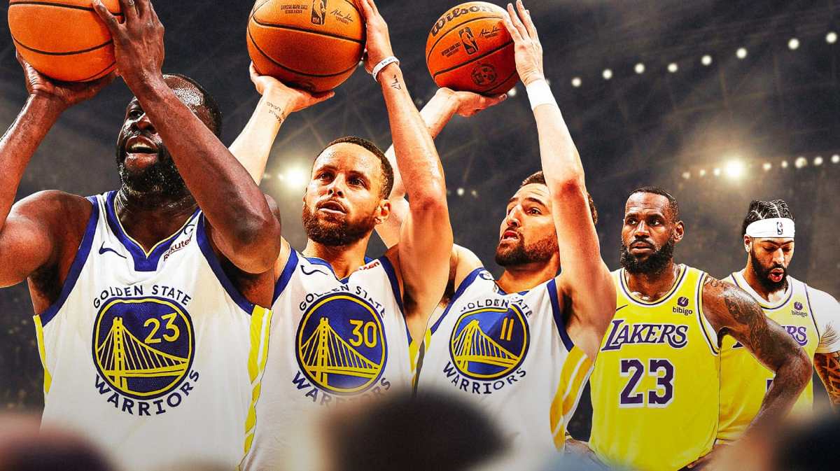 Warriors' Draymond Green, Stephen Curry and Klay Thompson with Lakers' LeBron James and Anthony Davis