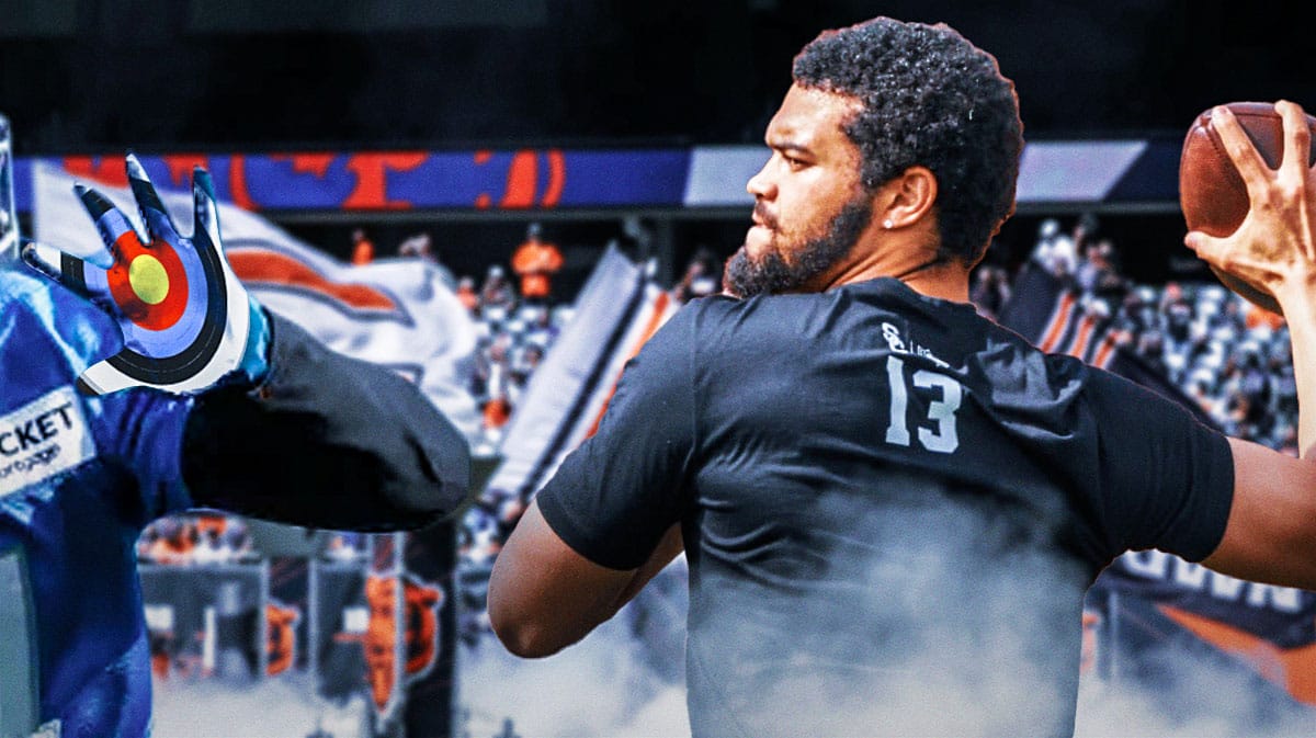 New Chicago Bears quarterback Caleb Williams throwing toward a target on someone's hand
