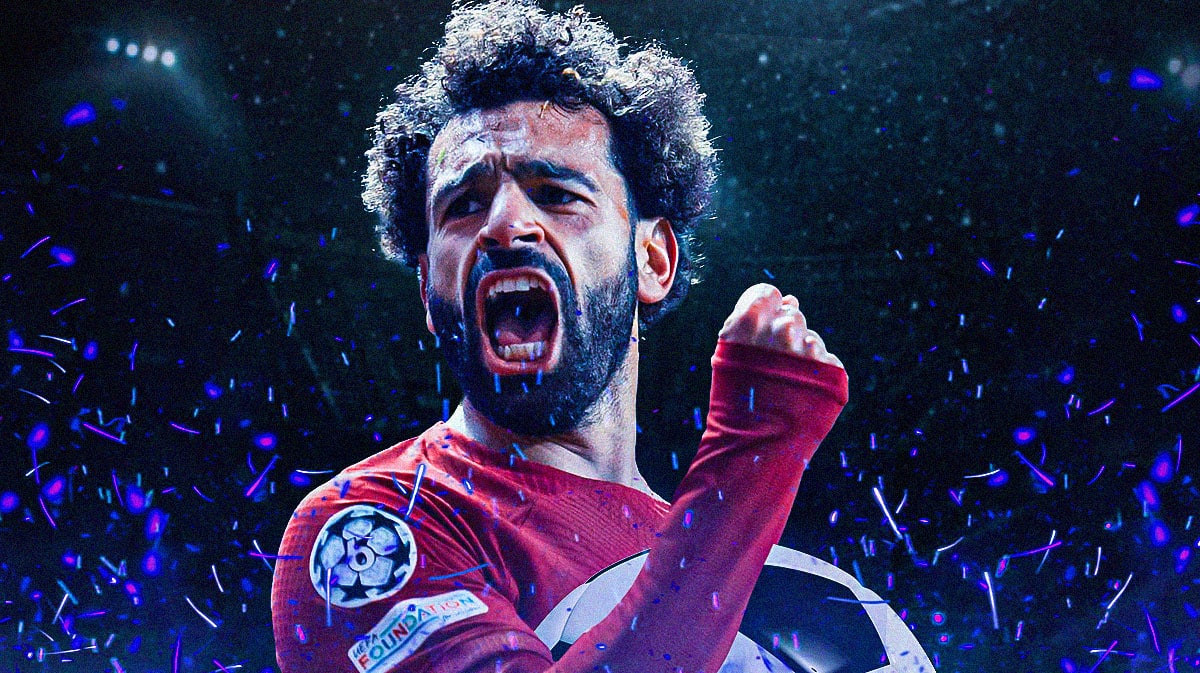 Mohamed Salah celebrating on blue fire in front of the Liverpool logo