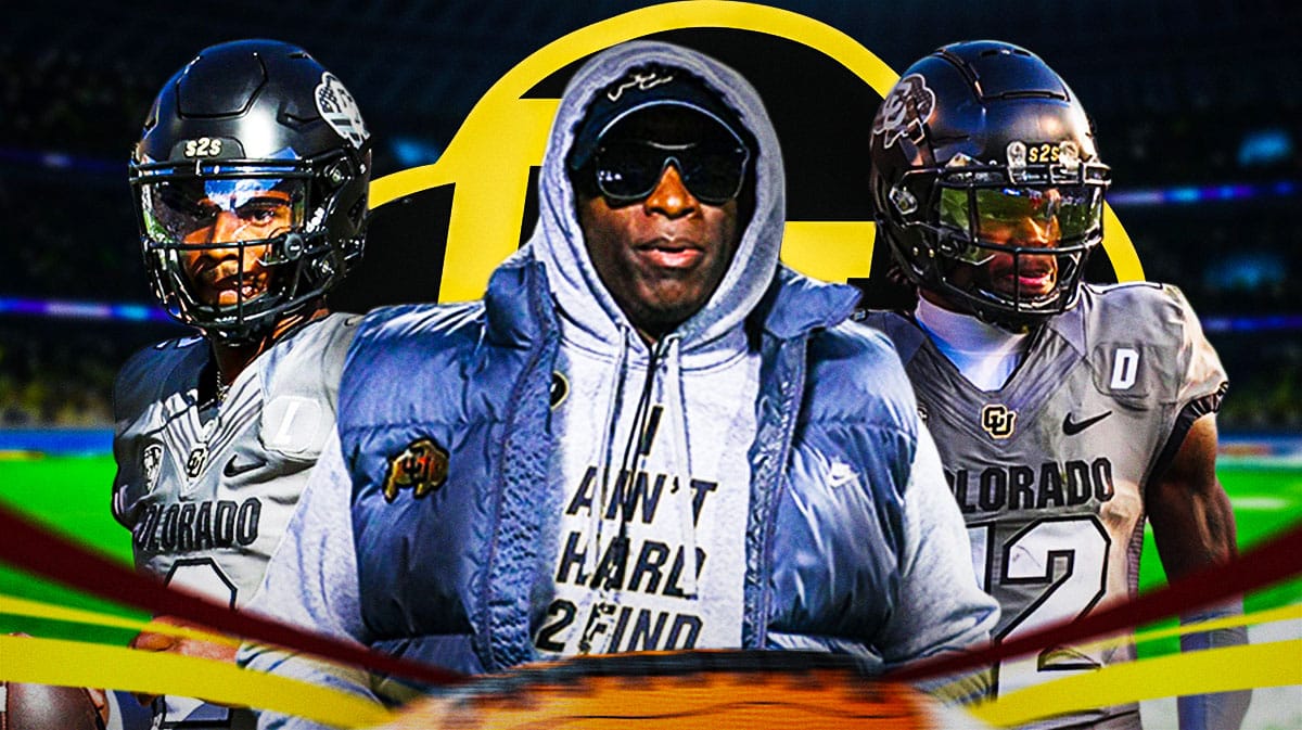 Deion Sanders in front. Shaedur Sanders and Travis Hunter on each side of him. Colorado logo in front.