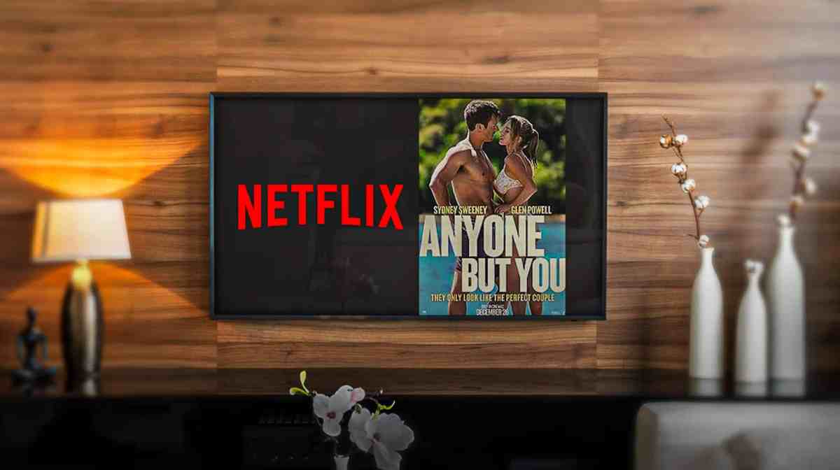 Netflix logo and Anyone But You poster on TV in living room.