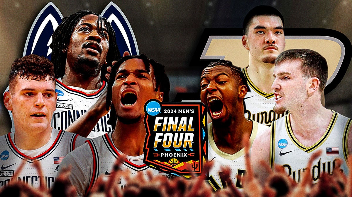 Donovan Clingan, Stephon Castle, Tristen Newton with UConn logo on one side . On other side is Lance Jones, Braden Smith, Zach Edey with Purdue logo. In front is Final Four 2024 logo.