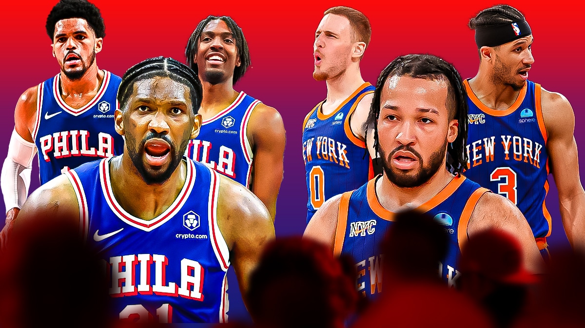 Joel Embiid, Tyrese Maxey, Tobias Harris, 76ers logo on one side. On other side is Jalen Brunson, Josh Hart, Donte DiVincenzo, Knicks logo