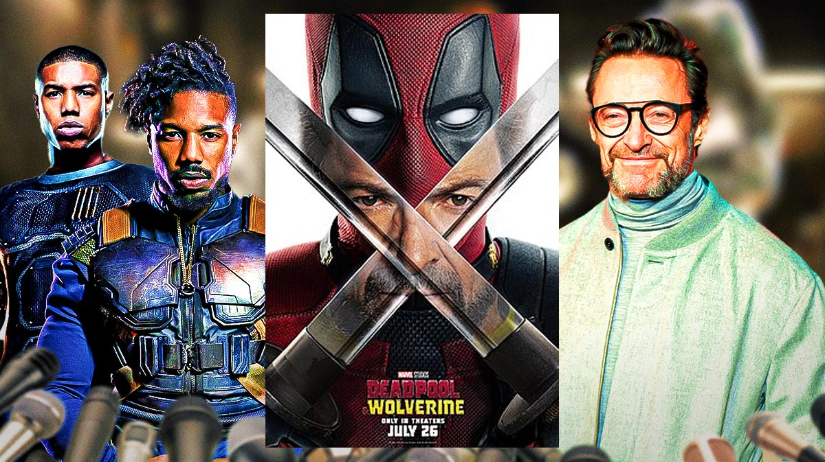 Michael B. Jordan as Johnny Storm and Killmonger next to Deadpool 3 poster with Hugh Jackman.