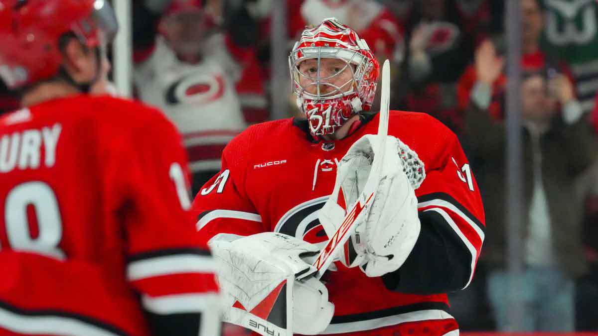 Carolina Hurricanes goaltender Frederik Andersen (31) celebrates their victory against the Detroit Red Wings at PNC Arena.