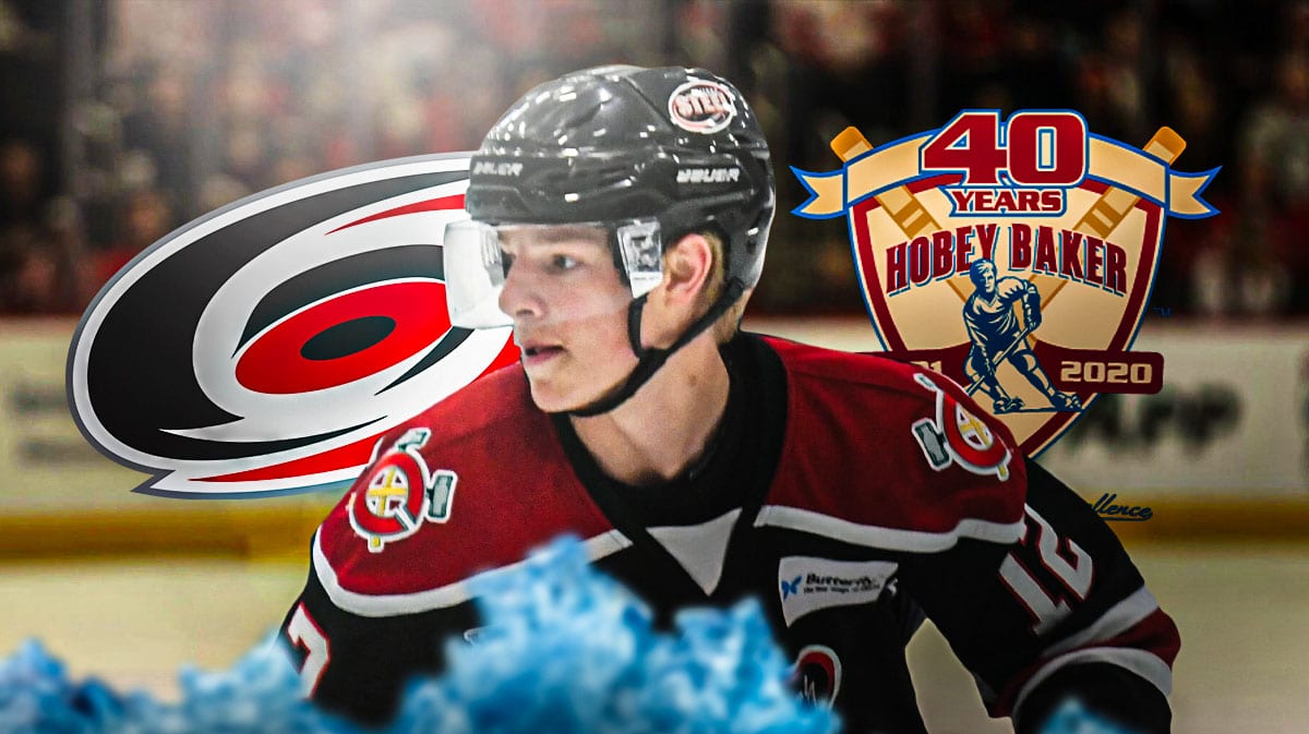 Jackson Blake in image looking happy, Carolina Hurricanes logo, Hobey Baker award in image, hockey rink in background