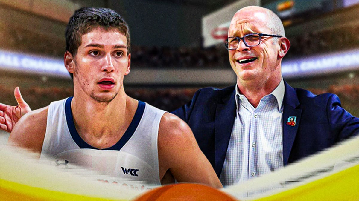 Saint Mary's transfer Aidan Mahaney looking at UConn basketball coach Dan Hurley.