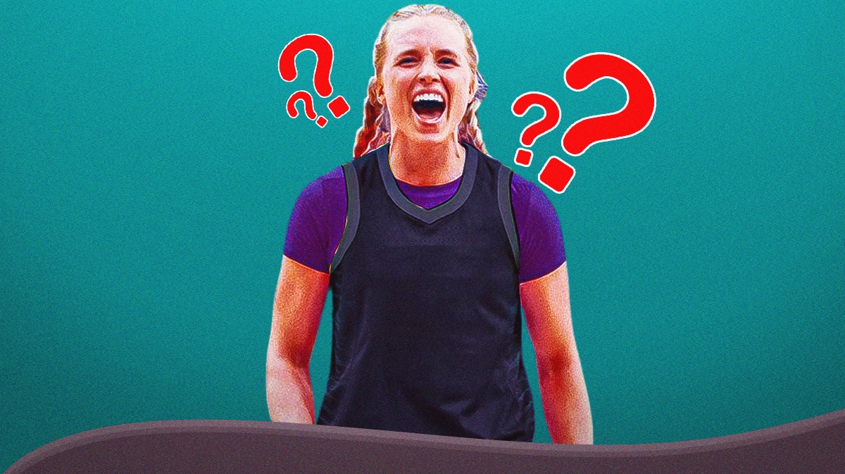 Hailey Van Lith in a blank jersey with question marks around her, transfer portal LSU