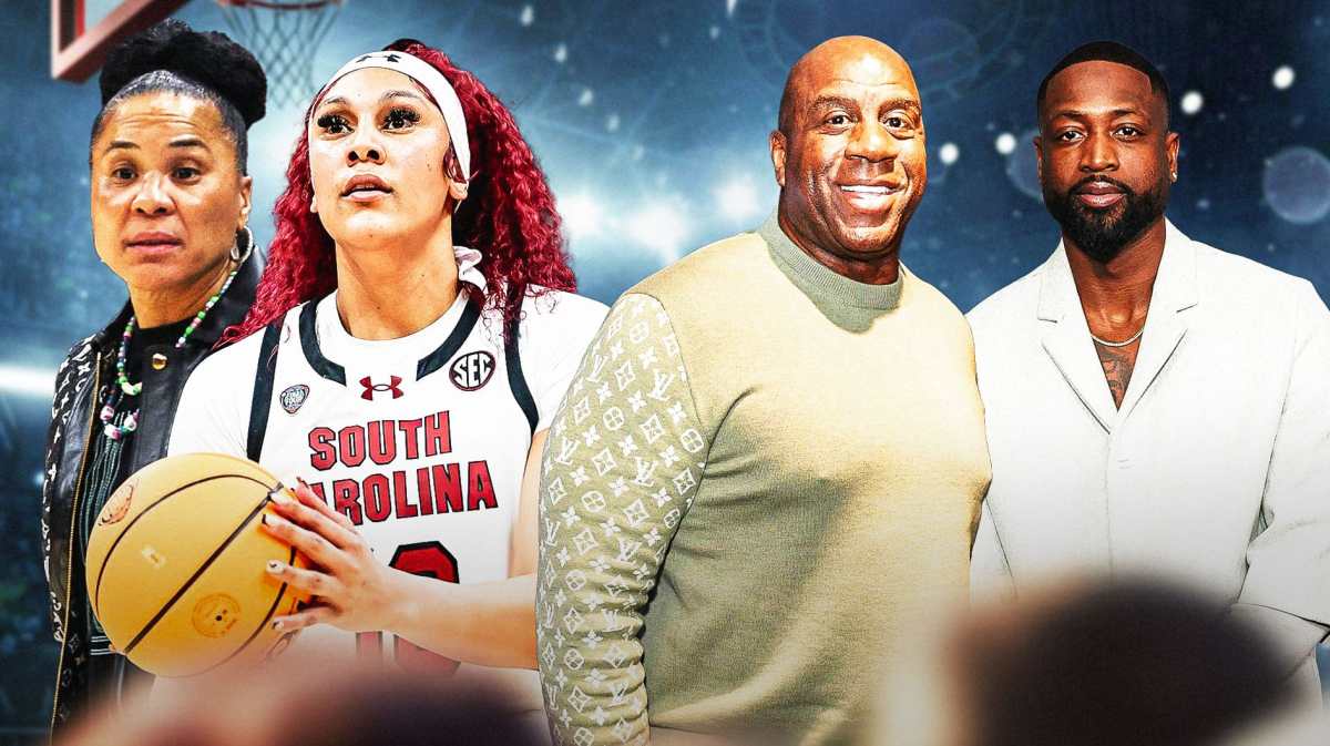 Dawn Staley alongside Kamilla Cardoso with Magic Johnson and Dwyane on the side of them, South Carolina NC State