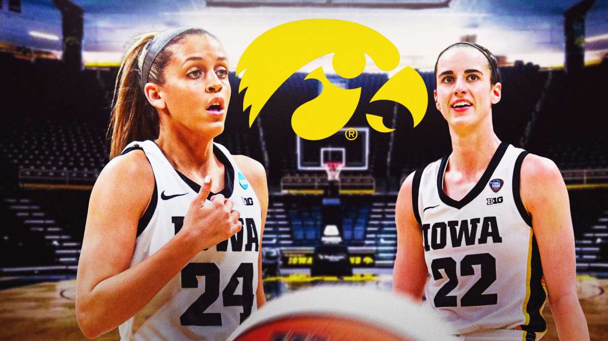 Gabbie Marshall alongside Caitlin Clark with the Iowa Hawkeyes logo in the background
