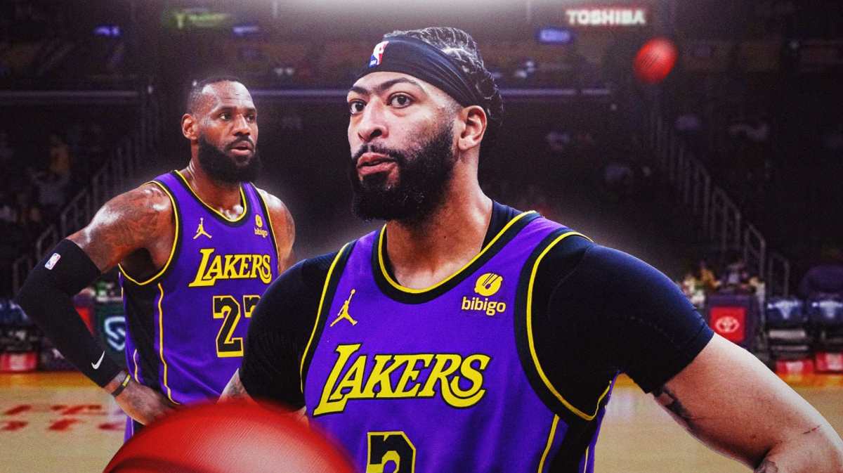 Anthony Davis alongside LeBron James with the Lakers arena in the background