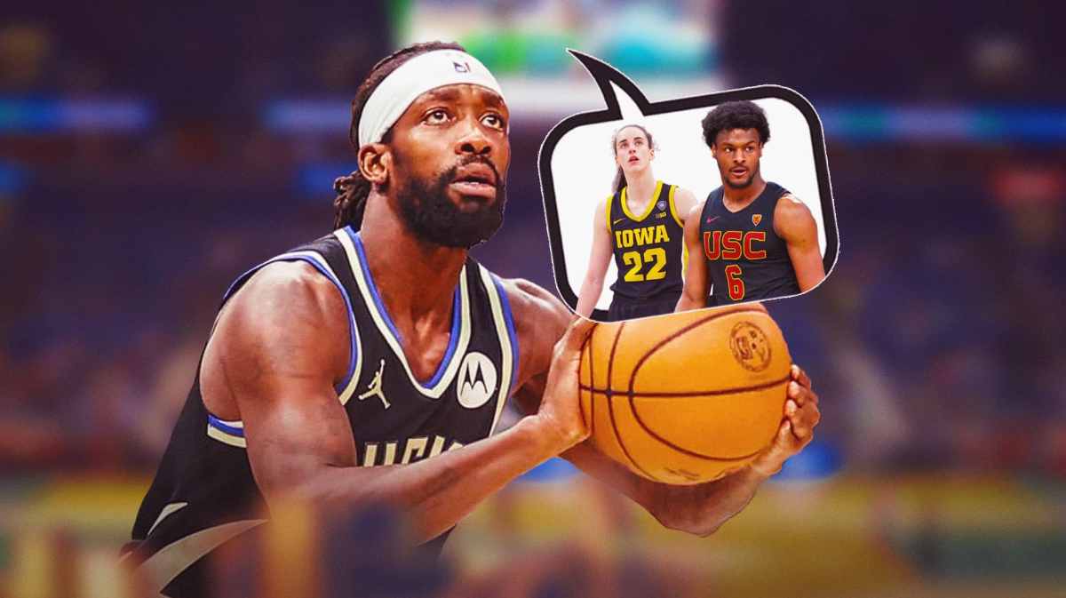 Patrick Beverley with a thought bubble that has Caitlin Clark and Bronny James