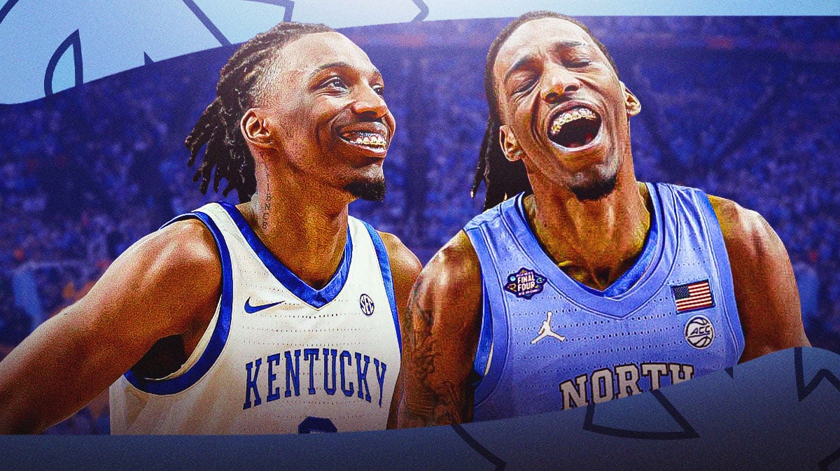 A double image of Aaron Bradshaw, one of him in his old Kentucky jersey and the other of him in a North Carolina jersey
