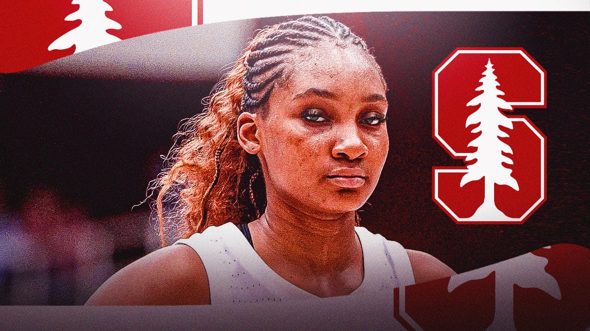 Kiki Iriafen with the Stanford logo in the background, transfer portal
