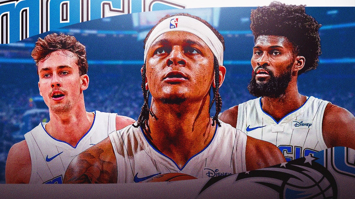 Paolo Banchero, Franz Wagner and Jonathan Isaac with the Magic arena in the background, Cavs NBA Playoffs