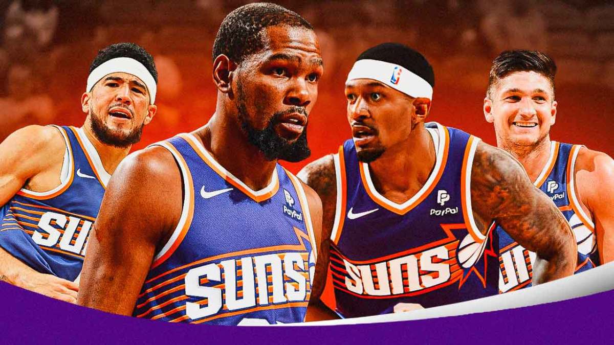 Kevin Durant, Devin Booker, Bradley Beal and Grayson Allen with the Suns arena in the background, Royce O’Neale Timberwolves NBA Playoffs