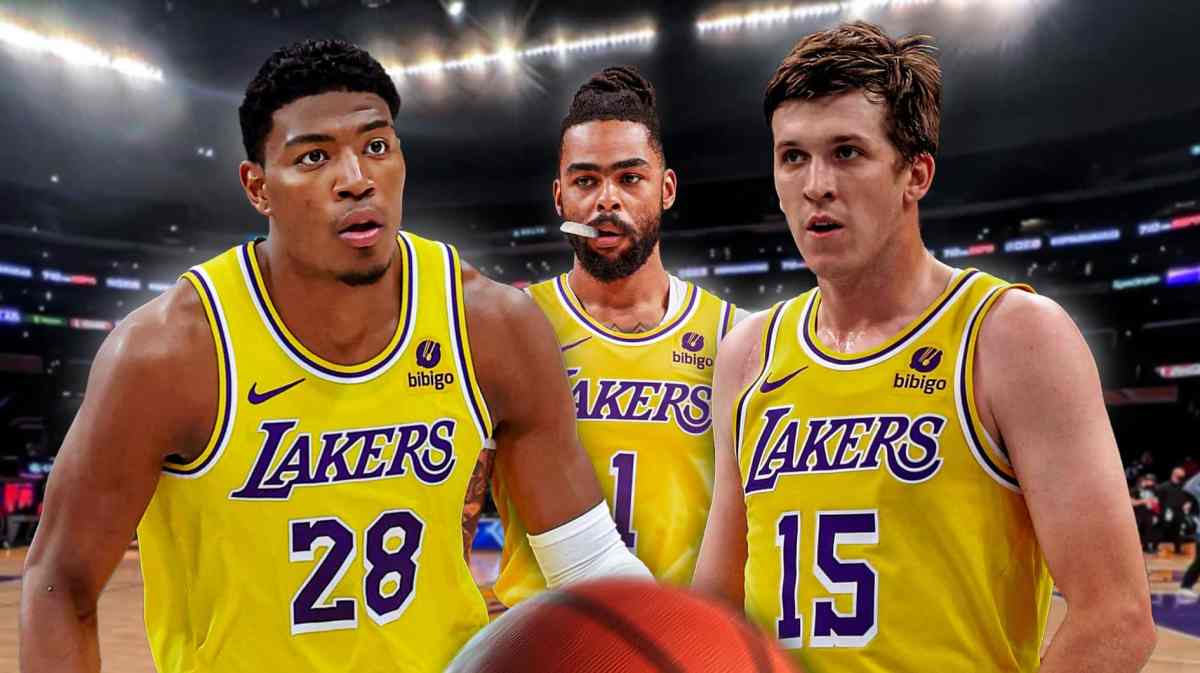 Austin Reaves, D’Angelo Russell and Rui Hachimura with the Lakers arena in the background, Gabe Vincent Nuggets NBA Playoffs