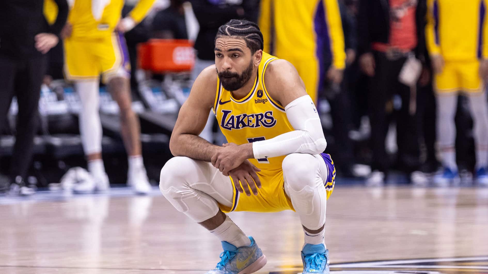 Los Angeles Lakers guard Gabe Vincent (7) reacts in the second half against the New Orleans Pelicans in a play-in game of the 2024 NBA playoffs at Smoothie King Center.