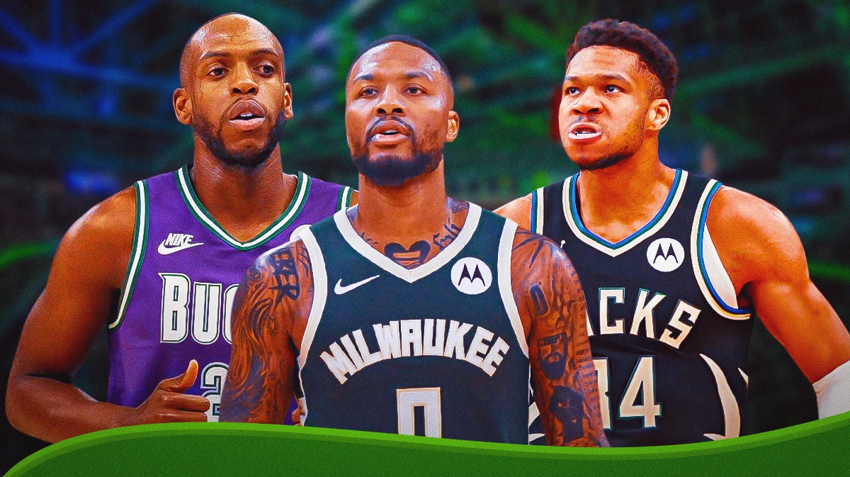 Giannis Antetokounmpo, Damian Lillard and Khris Middleton with the Bucks arena in the background, NBA Playoffs injury Pacers