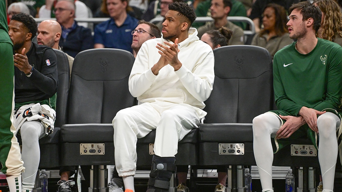 Milwaukee Bucks forward Giannis Antetokounmpo (34) sits on the bench with a calf injury in the second quarter against the Orlando Magic at Fiserv Forum. 