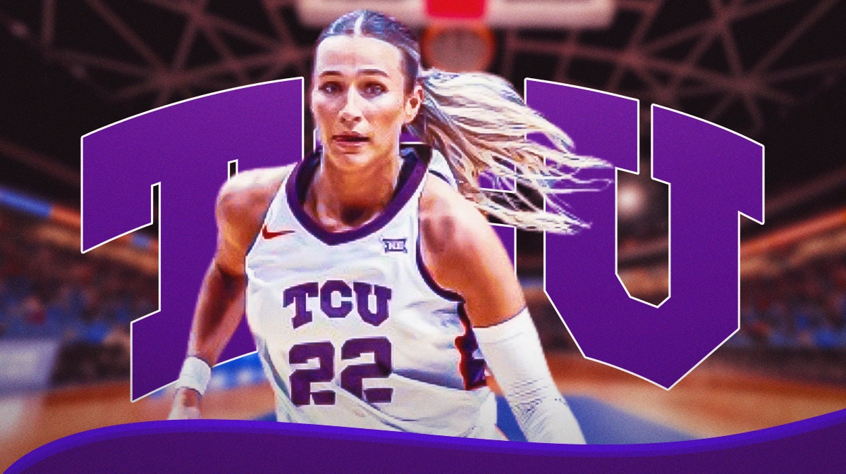 Maddie Scherr in a TCU jersey with the TCU logo in the background, transfer portal