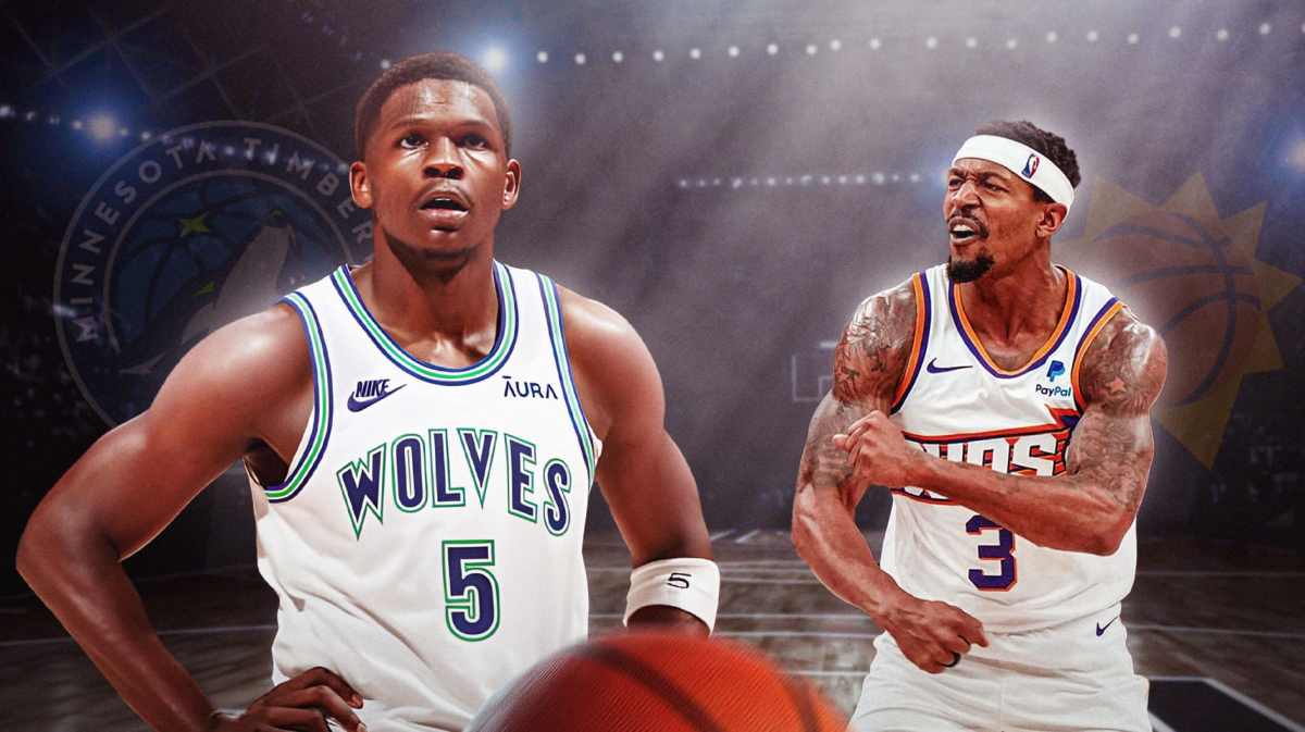 Anthony Edwards alongside Bradley Beal with the Timberwolves arena in the background, NBA Playoffs