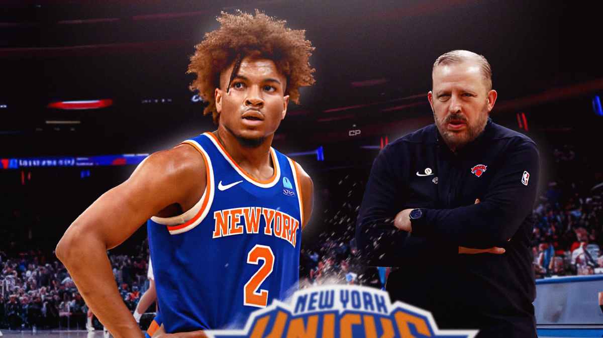 Miles McBride alongside Tom Thibodeau with the Knicks arena in the background, NBA Playoffs 76ers