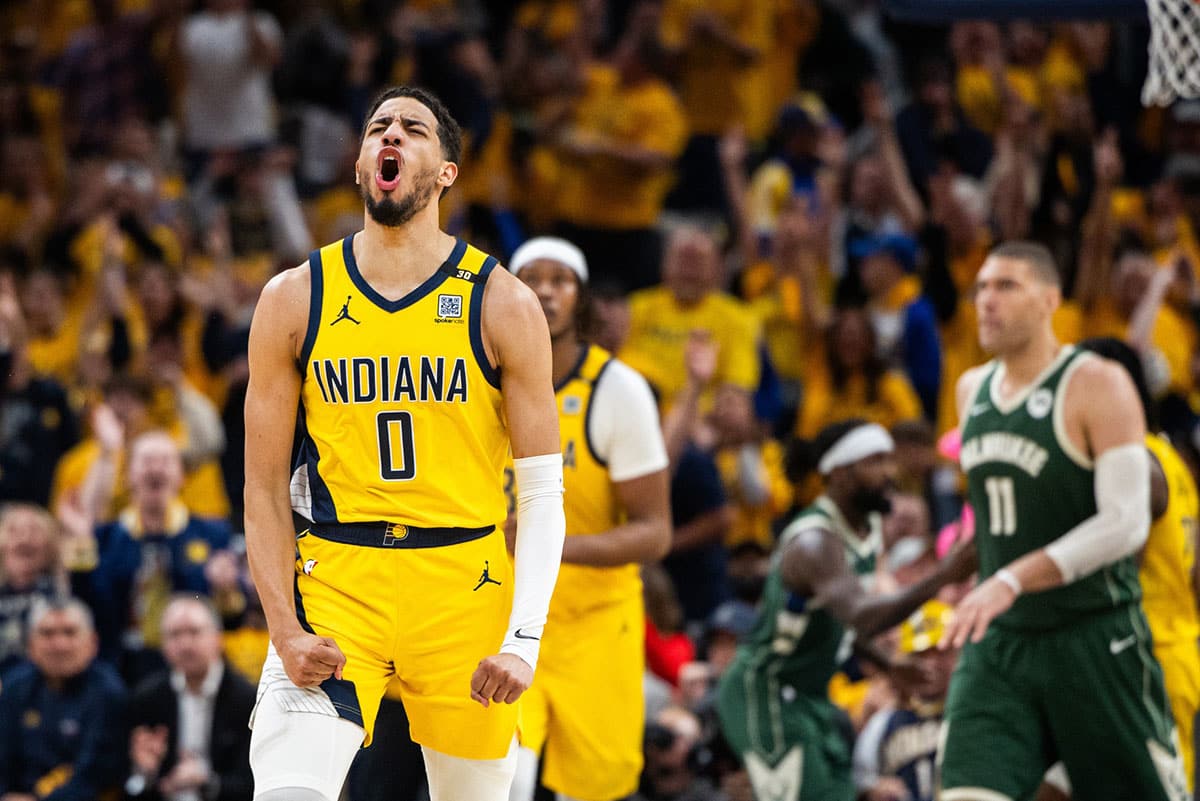 Indiana Pacers guard Tyrese Haliburton (0) reacts to a made basket during game three of the first round for the 2024 NBA playoffs against the Milwaukee Bucks at Gainbridge Fieldhouse.