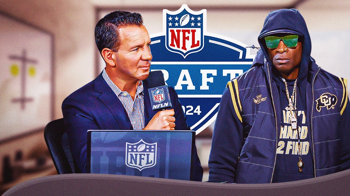 Ian Rapoport looking at Deion Sanders with NFL Draft logo in background.