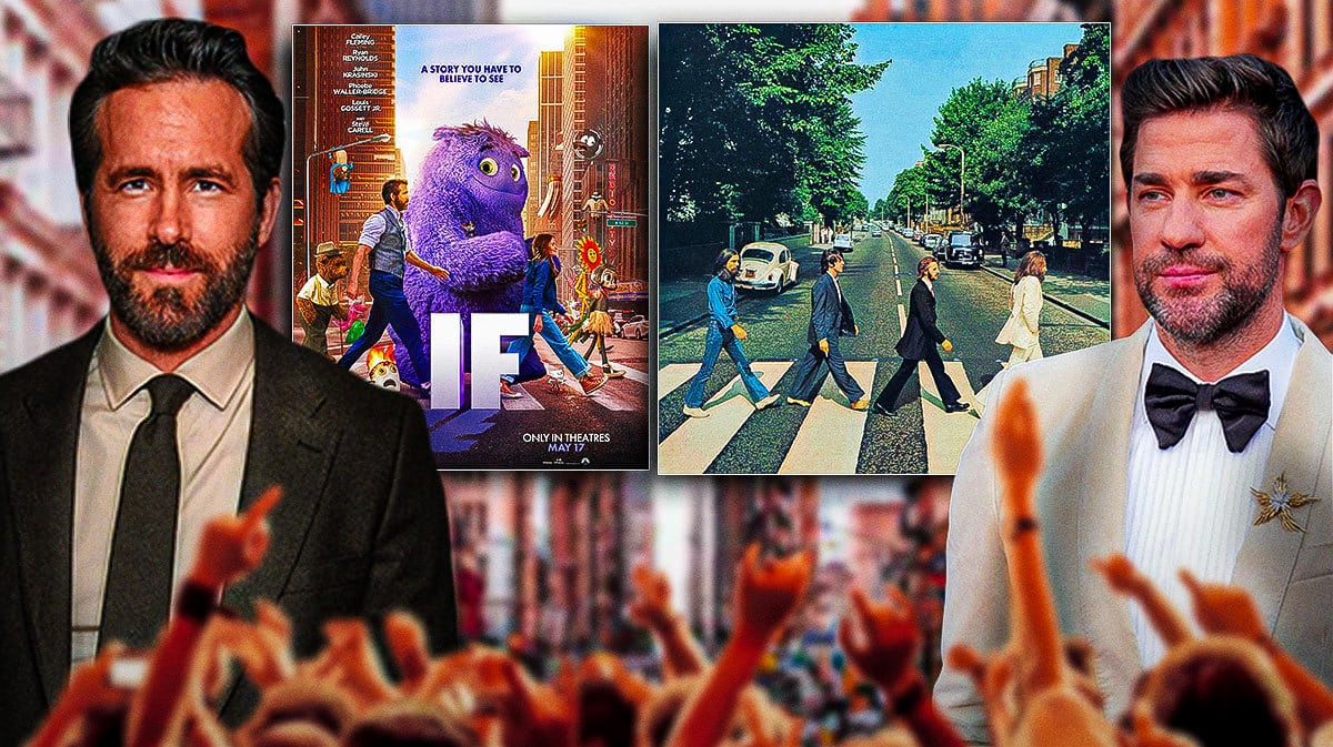 Ryan Reynolds and John Krasinski with the Beatles Abbey Road album cover and If poster.