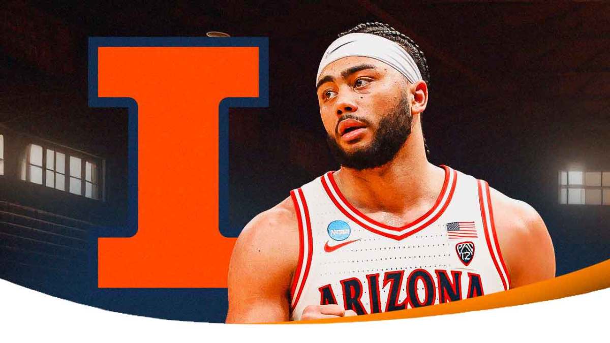 Arizona basketball and Champaign native Kylan Boswell stands next to Illinois logo, transfer portal reporters in background