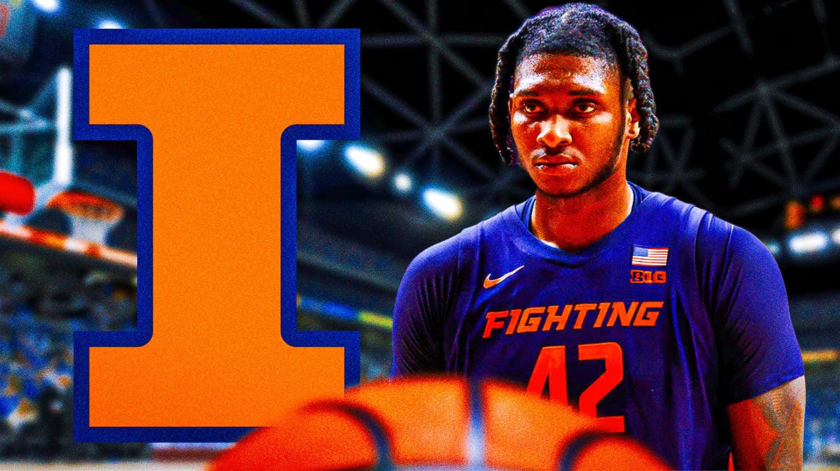 Illinois basketball's Dain Danja stares at UConn crowd during March Madness game, transfer portal reporter standout to the side