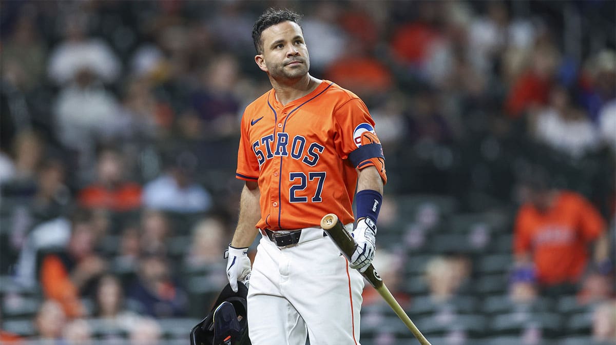 Houston Astros second baseman Jose Altuve (27) reacts after striking out during the seventh inning against the Texas Rangers at Minute Maid Park.