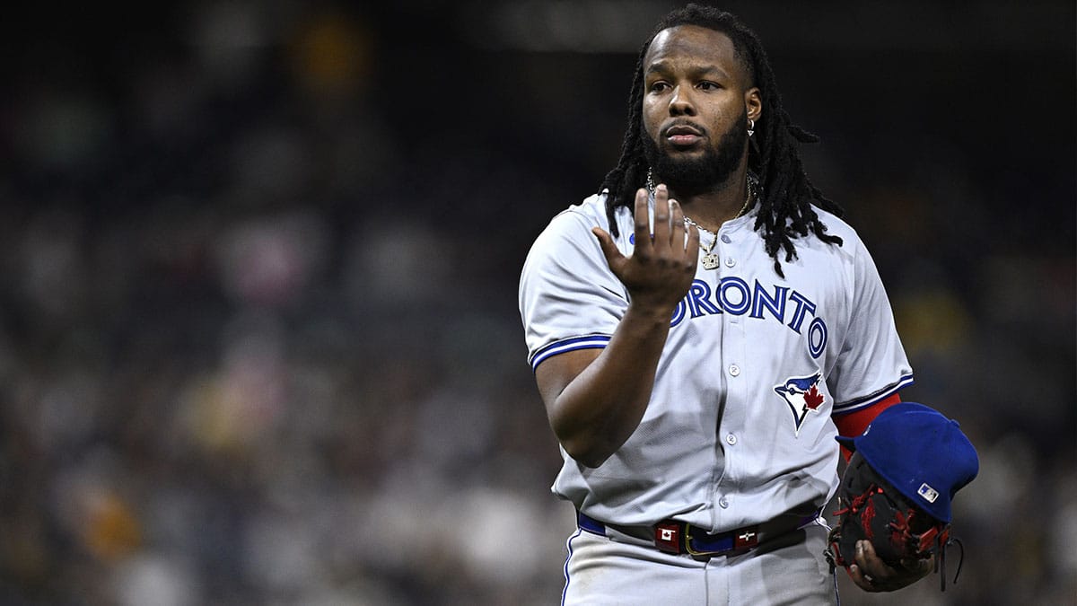 Toronto Blue Jays first baseman Vladimir Guerrero Jr. (27) gestures during the ninth inning against the San Diego Padres at Petco Park.
