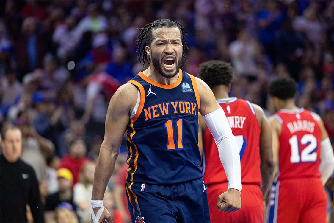 New York Knicks guard Jalen Brunson (11) reacts after scoring against the Philadelphia 76ers during the fourth quarter of game four of the first round in the 2024 NBA playoffs at Wells Fargo Center.