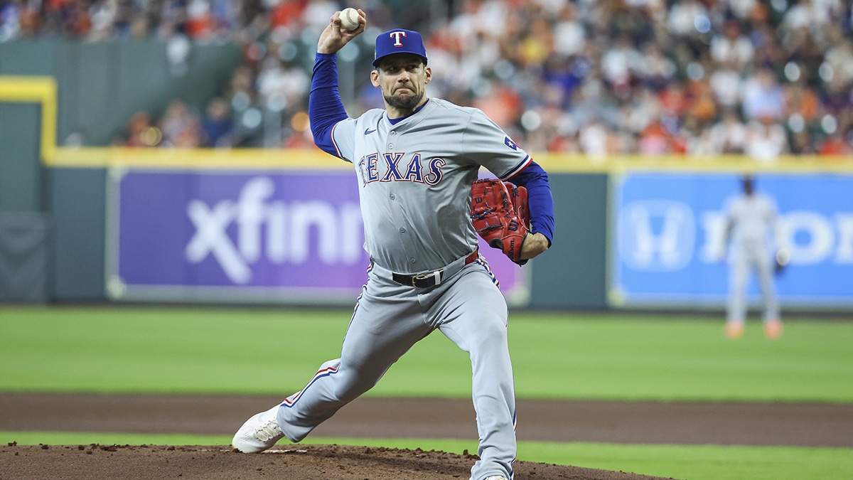 Texas Rangers pitcher Nathan Eovaldi (17) delivers a pitch during the first inning against the Houston Astros at Minute Maid Park.