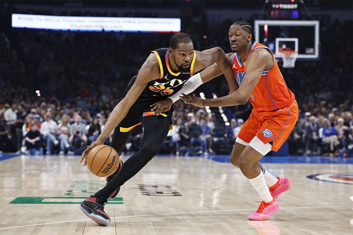 Phoenix Suns forward Kevin Durant (35) moves the ball as Oklahoma City Thunder forward Jalen Williams (8) defends during the first half at Paycom Center