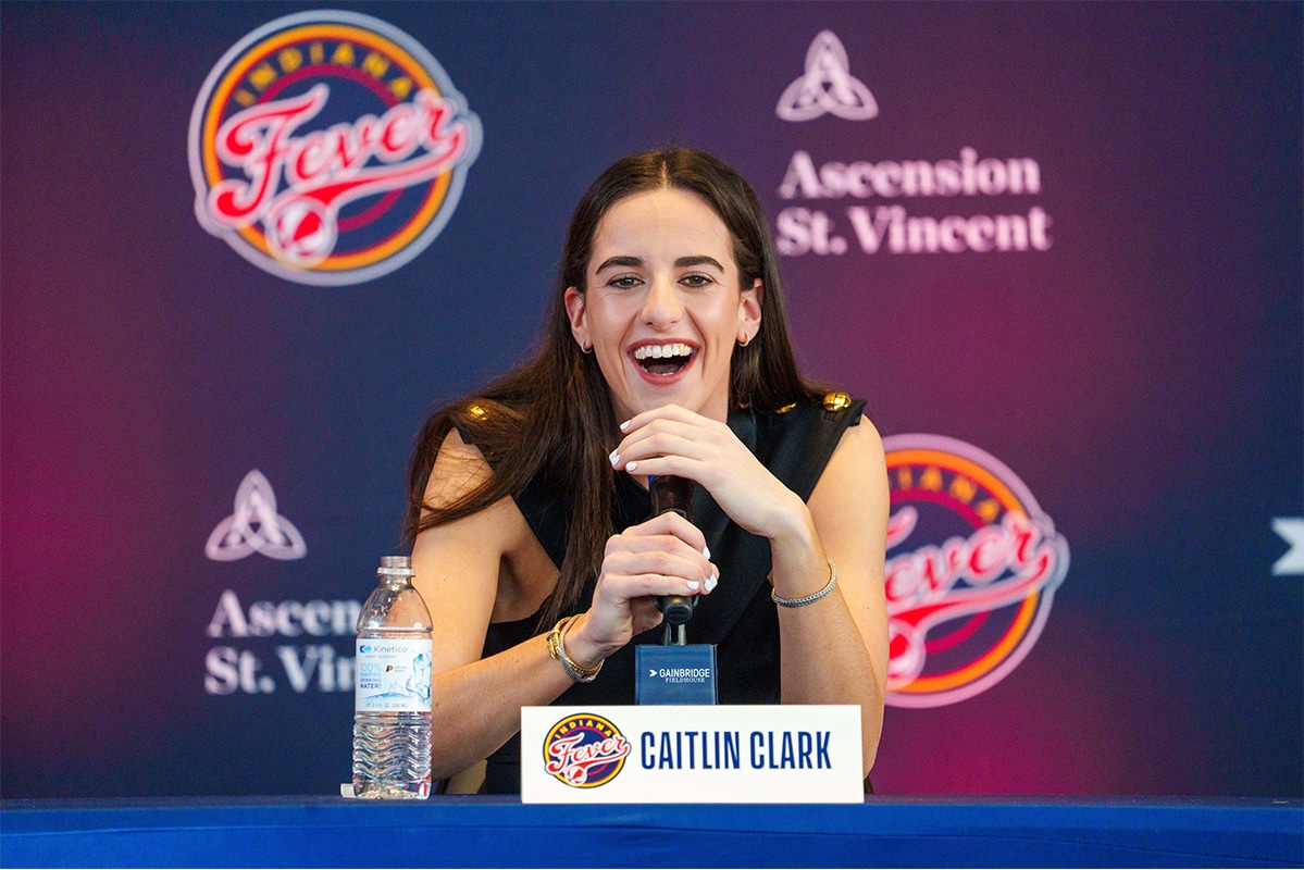 Indiana Fever player Caitlin Clark, former Iowa Hawkeye standout and the no. 1 pick in the 2024 WNBA draft, speaks Wednesday, April 17, 2024, during an introductory press conference inside the entry pavilion at Gainbridge Fieldhouse.