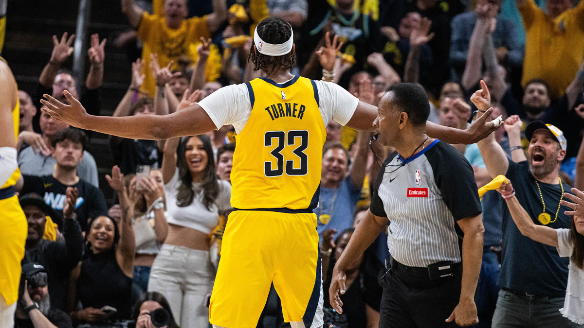 Apr 28, 2024; Indianapolis, Indiana, USA; Indiana Pacers center Myles Turner (33) celebrates a made basket during game four of the first round for the 2024 NBA playoffs against the Milwaukee Bucks at Gainbridge Fieldhouse. Mandatory Credit: Trevor Ruszkowski-USA TODAY Sports