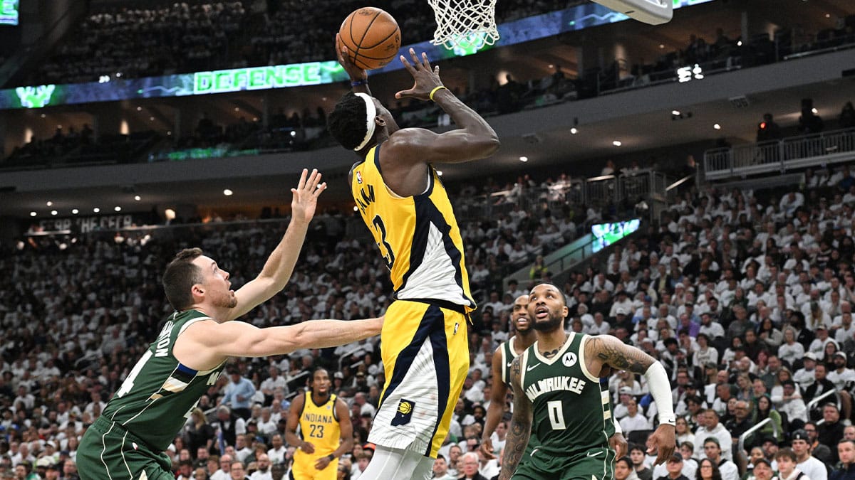 Apr 23, 2024; Milwaukee, Wisconsin, USA; Indiana Pacers forward Pascal Siakam (43) shoots the ball over the Milwaukee Bucks in the second half during game two of the first round for the 2024 NBA playoffs at Fiserv Forum. Mandatory Credit: Michael McLoone-USA TODAY Sports