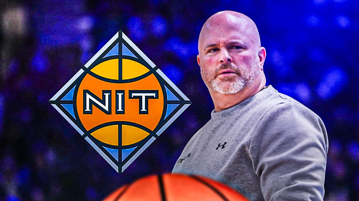 Indiana Satte basketball, Sycamores, Josh Schertz, NIT, Seton Hall basketball, Josh Schertz with NIT logo in the background